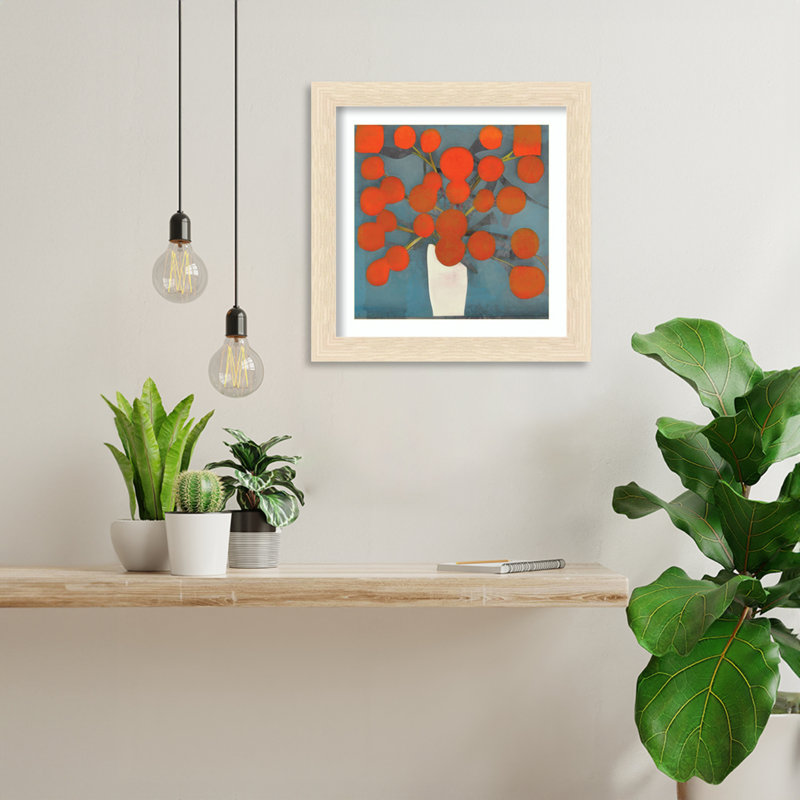 «Abstract Orange Flowers» par Elena Ray, impression sur bois encadrée, Naturel, H 14 po x l 14 po