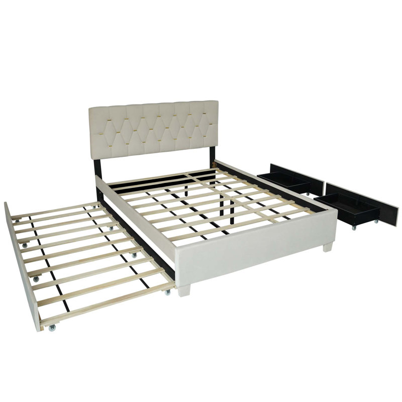 Lit gigogne avec rangement gigogne et tiroir, Beige