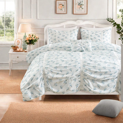 Blue Full Bedding Sets, Microfiber Ruched Floral Comforter for Bedroom