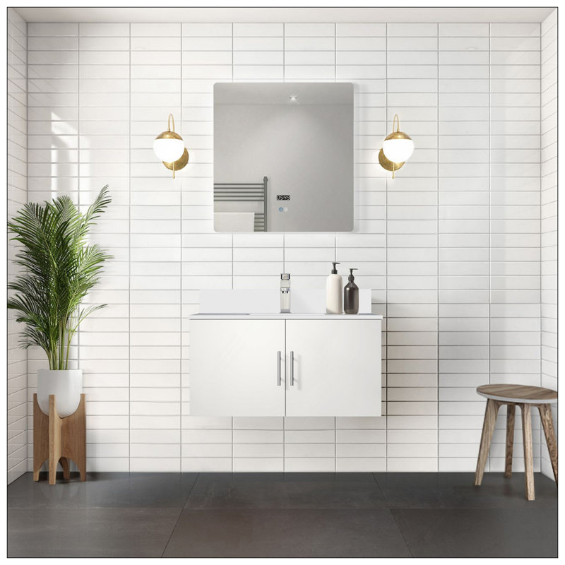 Meuble-lavabo polyvalent 36 po X P 22 po , Comptoir en quartz blanc, ensemble de robinets et Miroir à DEL, Blanc lustré