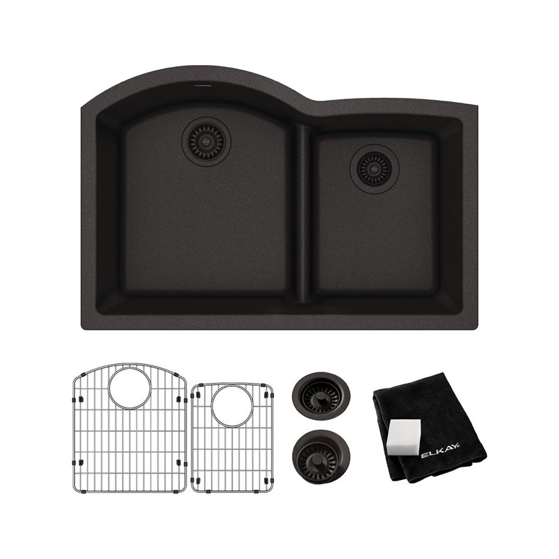Quartz 33" x 22" x 10" Double Basin Undermount Kitchen Sink with Basket Strainer, Black