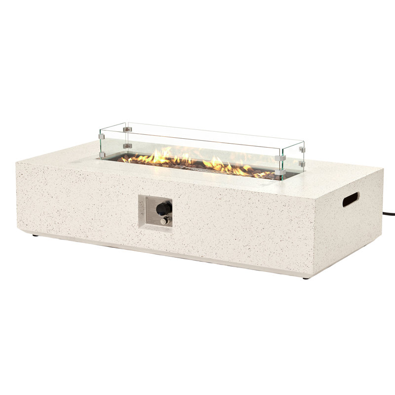 56"W Outdoor Concrete Propane Fire Pit Table With Glass Wind Guard, White