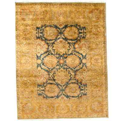 Hand Knotted Wool Oriental Area Rug in Blue And Gold