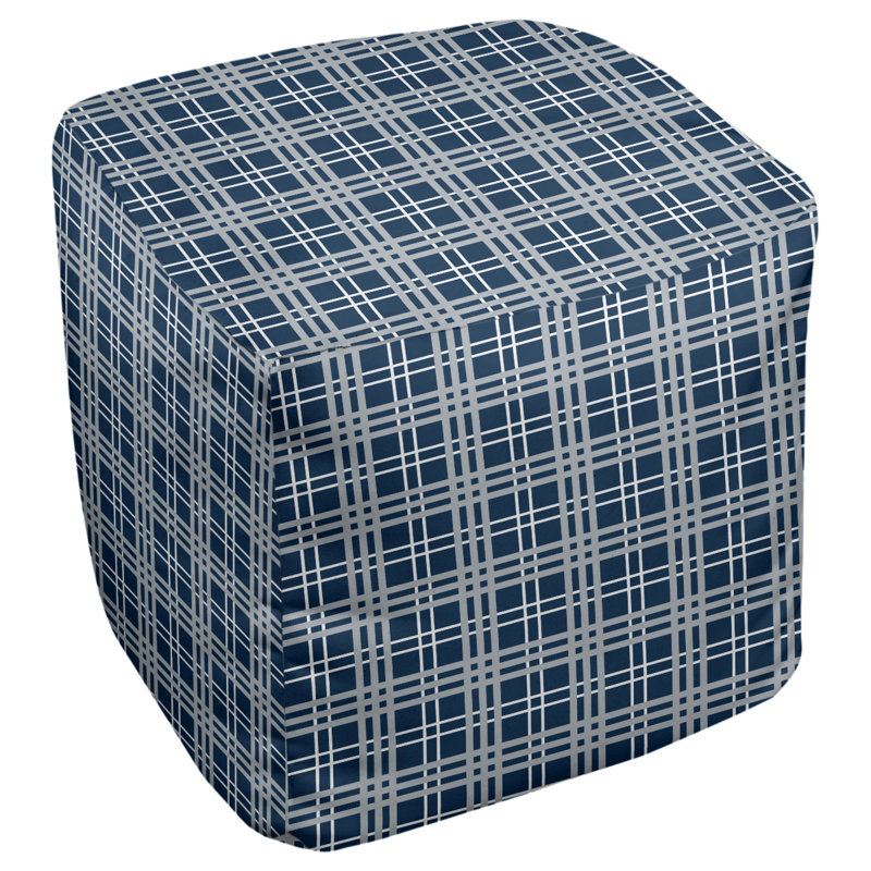 Pouf carré à carreaux New England, H 13 po x l 13 po x P 13 po, Mélange de polyester bleu / blanc / argent nouvea