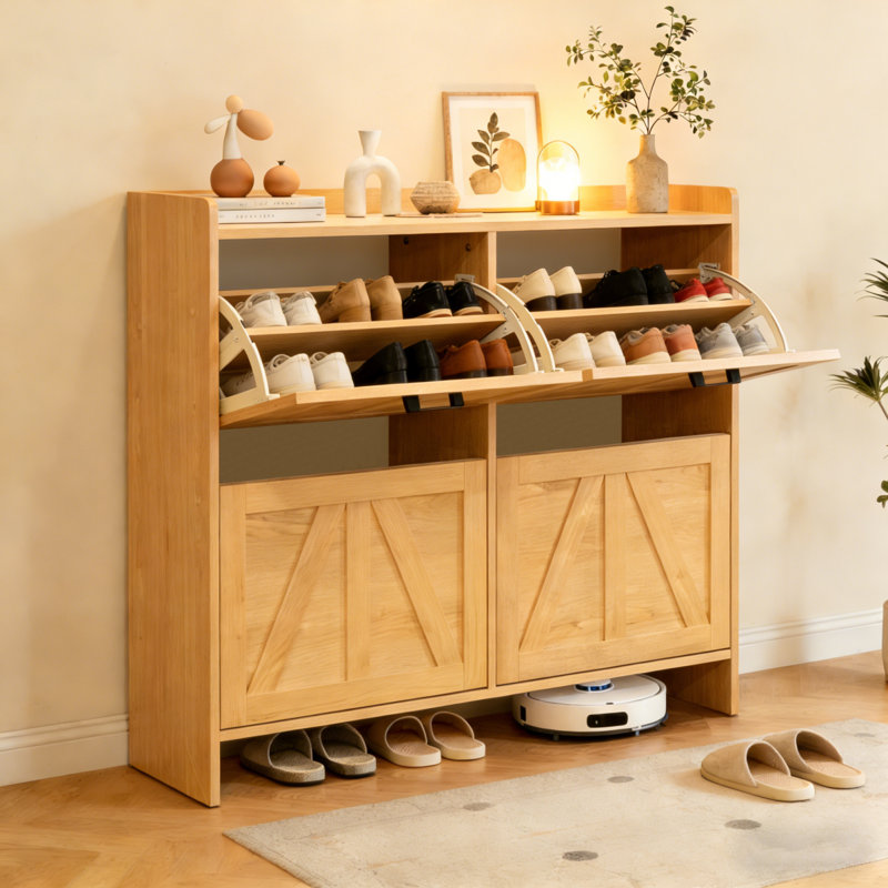 Modern Fence Shoe Cabinet With 4 Flip Drawers, Sleek Space-Saving Entryway Organizer For Living Room, Light Oak