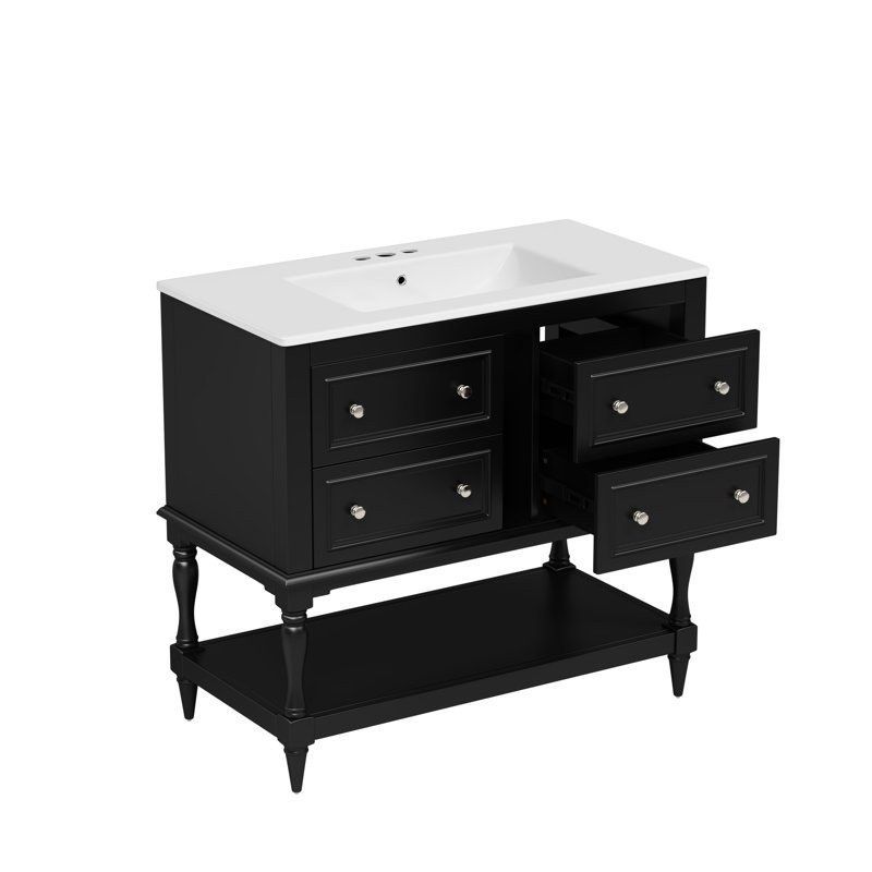Meuble-lavabo de salle de bain 36 po avec lavabo - noir. Bois massif et matériau. 4 tiroirs, lavabo encastré en céramique. Rangement fonctionnel. Assemblage facile. Tiroirs pour un luminaire tendance. Sans effort