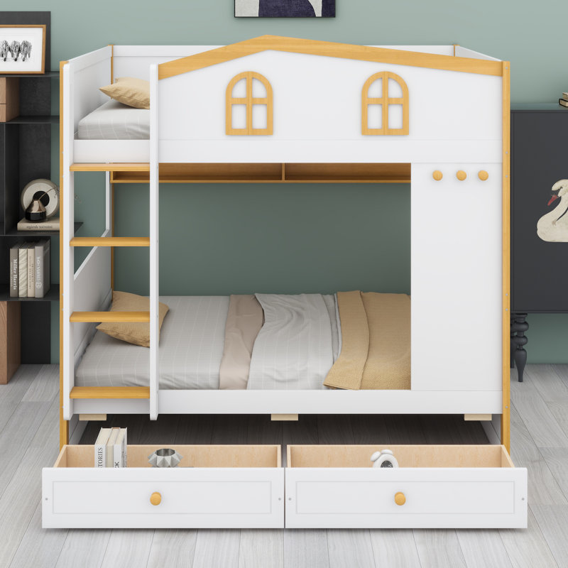 Playful Bunk Bed Featuring House-Shaped Guardrails with Integrated Storage Shelves and Drawers