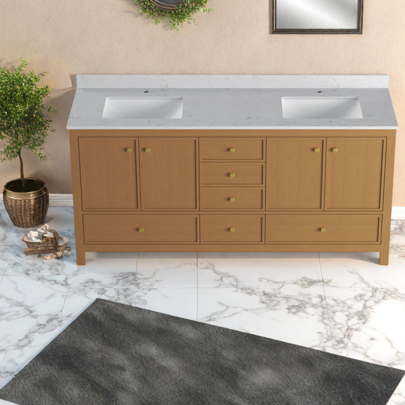 Meuble-lavabo moderne en bois avec lavabo double en céramique pour salles de bain spacieuses