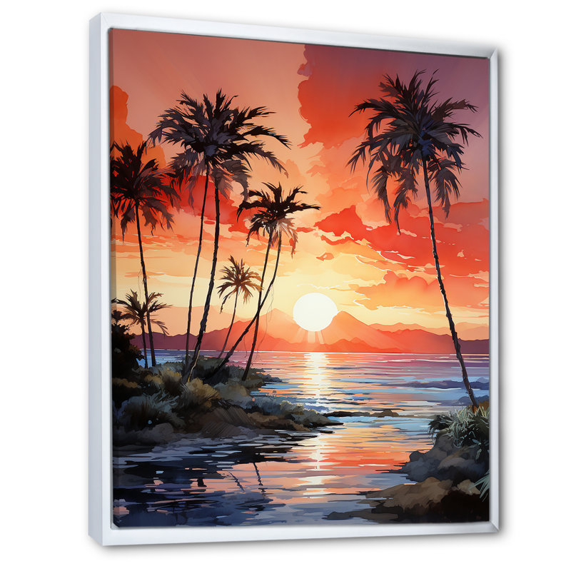 Impression sur toile Twilight Tropical Tranquility Sunset - Palmiers et palmiers, Cadre flottant blanc