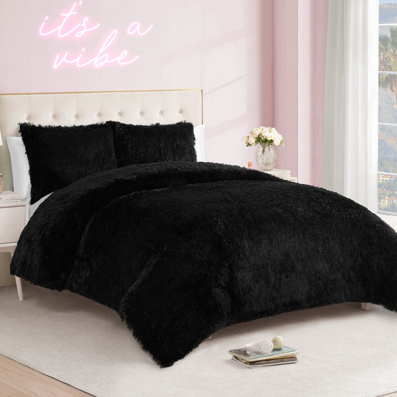 Juicy Couture Shaggy Faux Fur Comforter & Shams Bedding Sets, King Comforter + 2 King Shams, Black