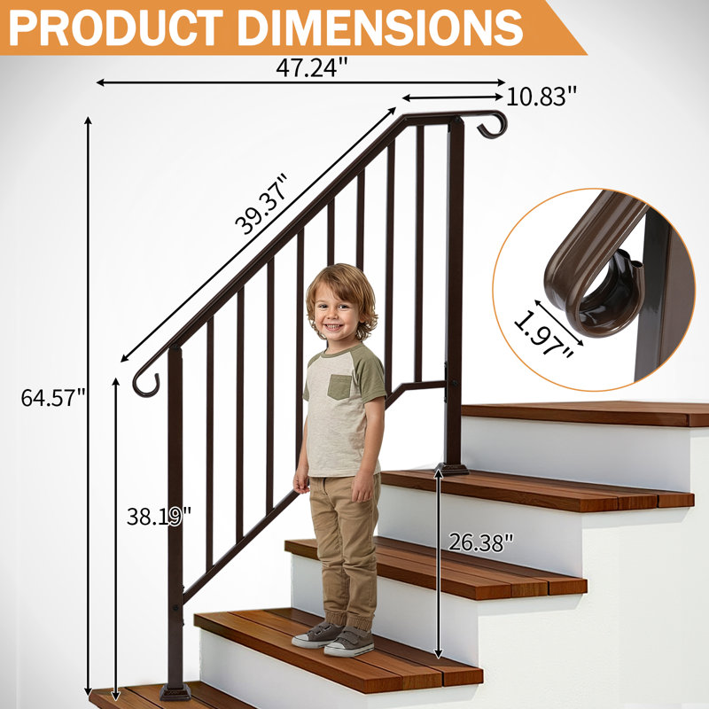 Bronze 3-Step Iron Stair Handrail, 3-Step, Bronze