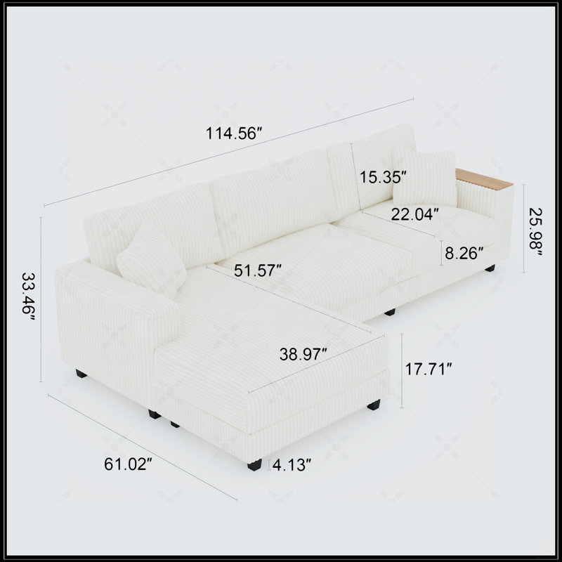 Canapé modulaire en L Corduroy avec méridienne réversible, rangement caché et deux coussins pour les salons modernes, Blanc