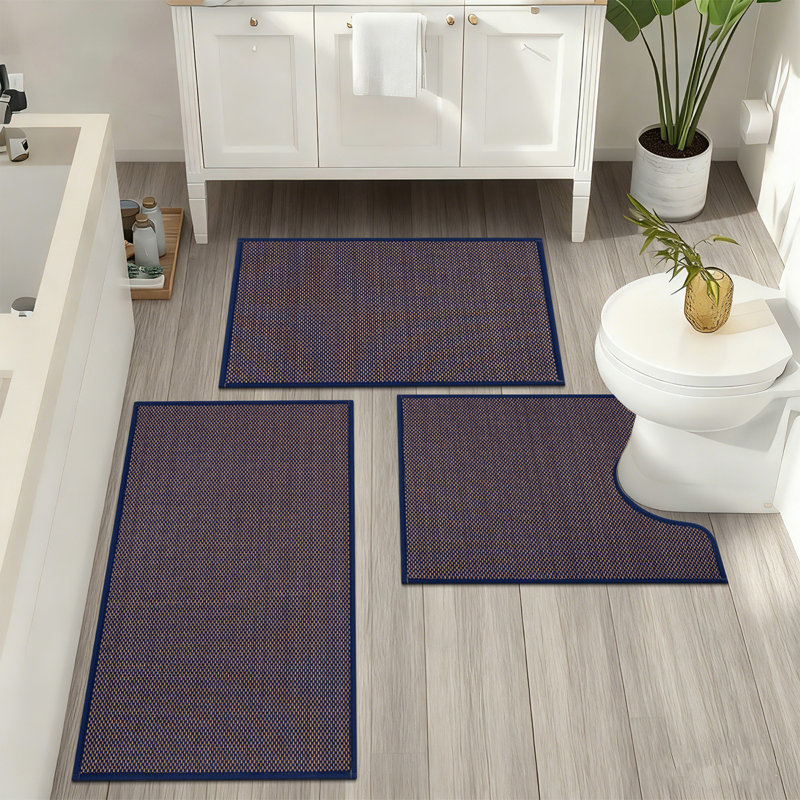 3 Piece Soft Absorbent Microfiber Bath Rug Set With Non-Slip Backing, Blue/Gold