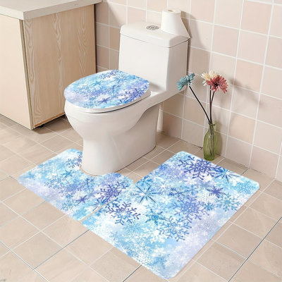 Blue Snowflake Winter Print 3 Pack Shower Bathroom Rug Kit Blue