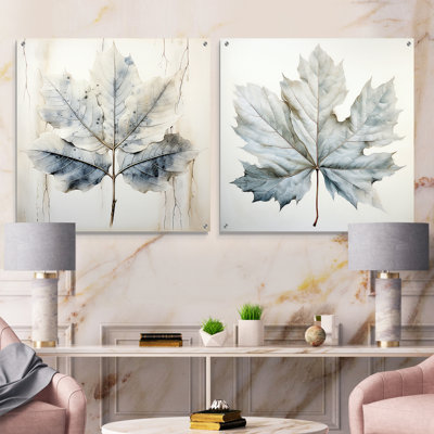 Ensemble de 2 feuilles de sycomore argentées en acrylique sur verre