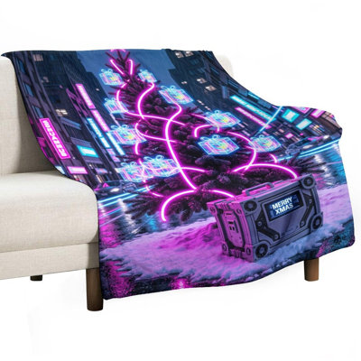 Jeté en flanelle de luxe en forme d'arbre de Noël néon rose avec boîtes-cadeaux brillantes, couverture douce et chaude pour le canapé-lit du salon