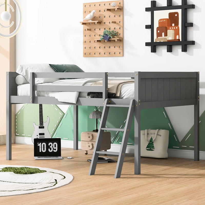 Lit mezzanine bas en bois gris avec lit convertible, coffre-fort et, sans sommier requis, Gris, Lit double