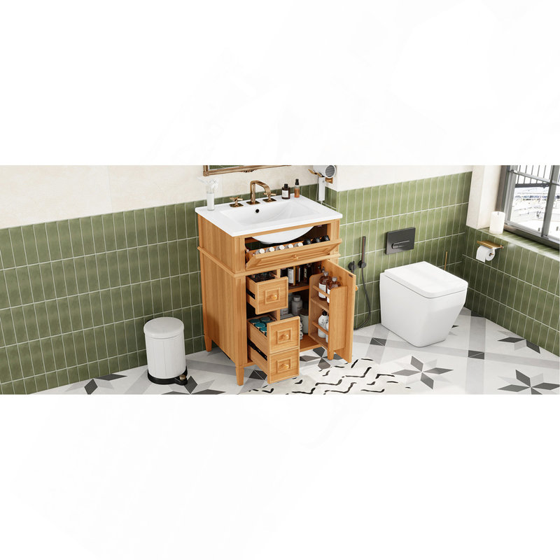 Meuble-lavabo 24 po avec lavabo, meuble-lavabo en bois avec tiroir rabattable, 2 tiroirs à fermeture en douceur, 1 porte à fermeture en douceur, bois massif et panneau de fibres à densité moyenne, poignées en bois élégantes