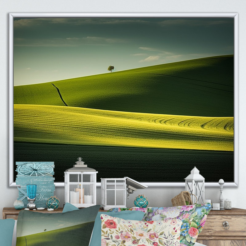 Photo de prairie monochrome verte sur toile, Cadre flottant blanc, 24" H x 32" W