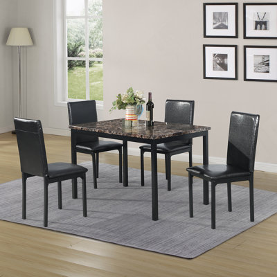 Five-Piece Metal Dinette Set With Faux Marble Top, Featuring A Table And Four Chairs For Family Dining And Gatherings.