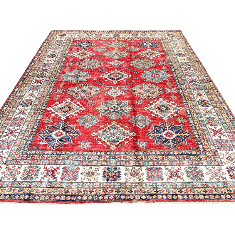 Tapis rétro rouge et ivoire de style tribal anatolien vieilli 8 pi 2 po x 10 pi 3 po