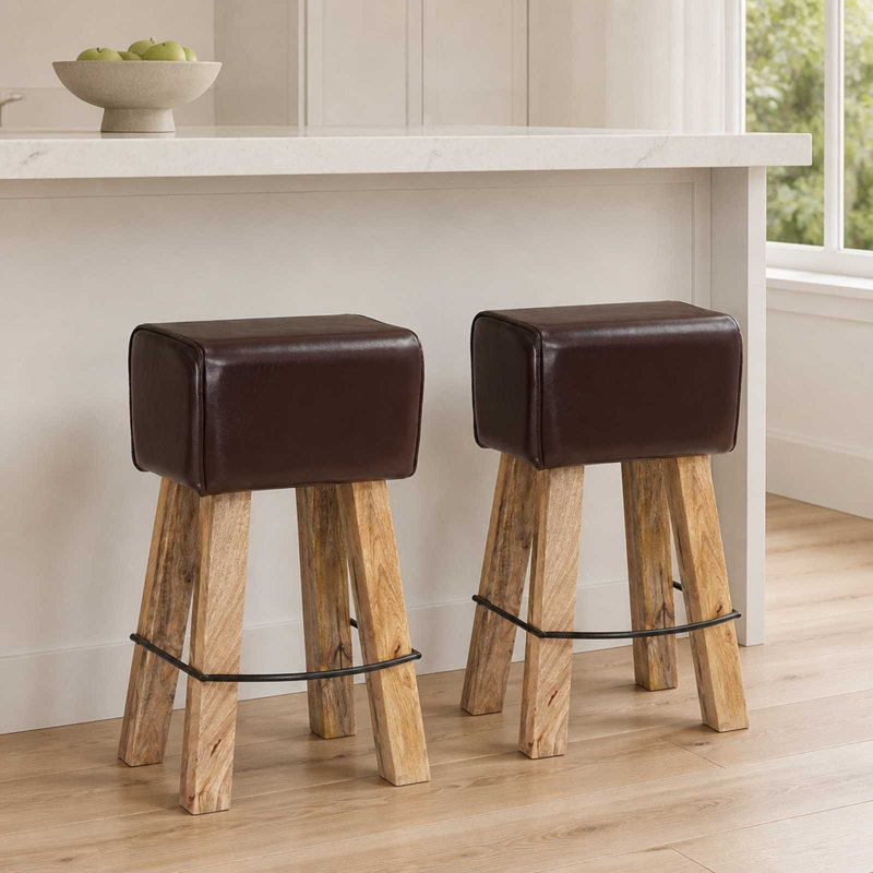 Bar Stool Real Leather Bar Stools Breakfast Kitchen, Orange