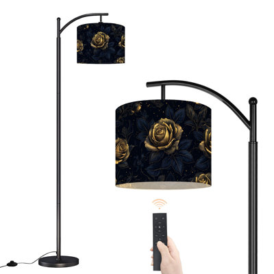 Lampe sur pied arquée bleu marine, or, pivoines, fleurs, feuilles, ornementales, lampes sur pied botaniques avec télécommande, abat-jour à DEL, abat-jour réglables, grandes lampes pour lire, bureau, salon
