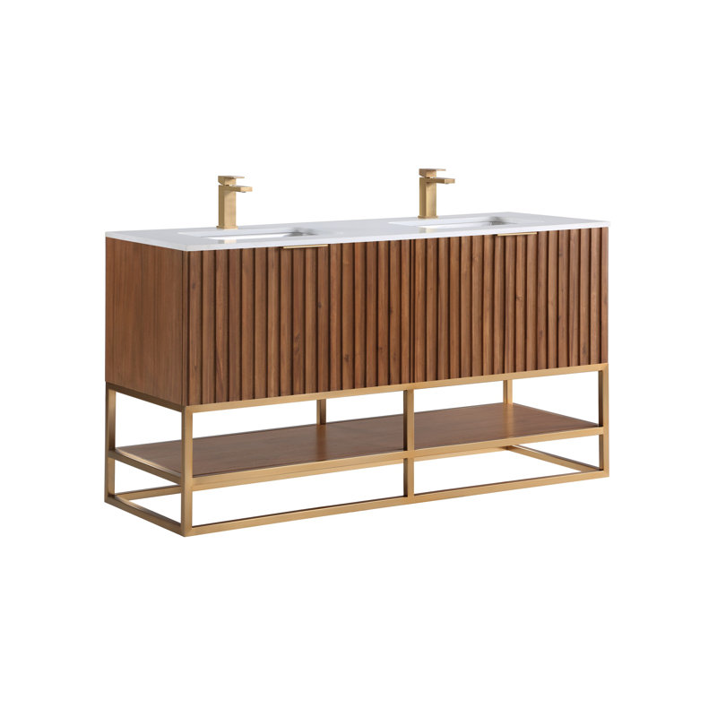 Terra 60'' W Double Vanity, Walnut, White Quartz/Single Faucet Mount, Satin Brass
