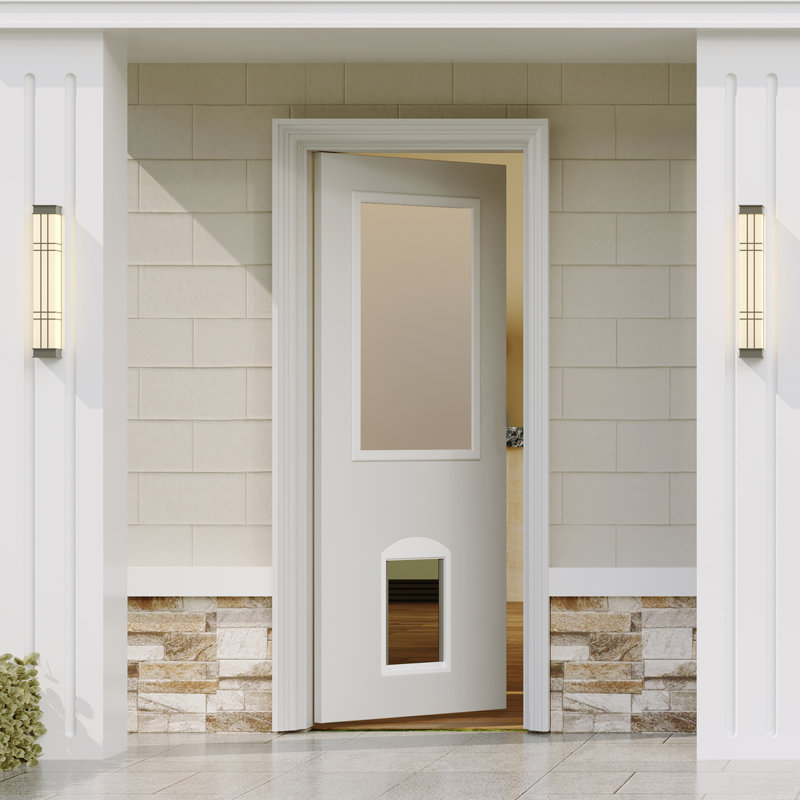 Dalle de porte d'entrée avec porte pour animal de compagnie magnétique et cadre insonorisant - verre givré 1-Lite, bois massif apprêté blanc