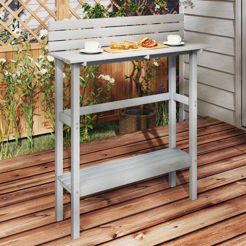 Outdoor Bar Table with Built-in Footrest, Slatted Top, Grey