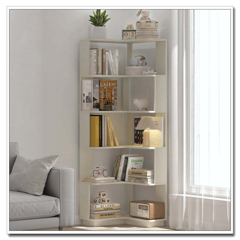 Bibliothèque de coin en L à 6 niveaux pour salon, Chêne blanc