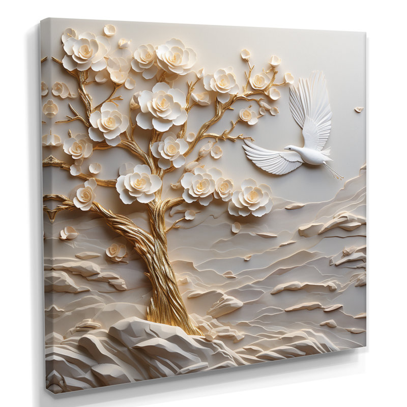 Arbre de paix avec fleurs blanches et colombe blanche - arbre, décoration murale, H 16 po x l 16 po, Toile tendue