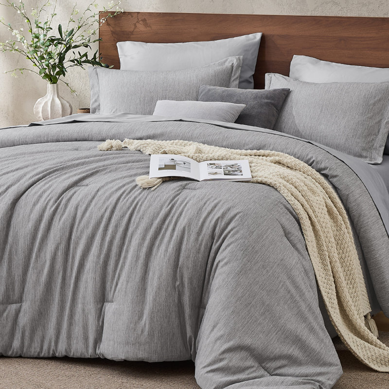 JOLLYVOGUE King Comforter Set 7 Pieces Grey, Cationic Dyeing Bed in a Bag King, Double-Tone Bedding Set with Down Alternative Comforter, Sheets, Pillowcases & Shams