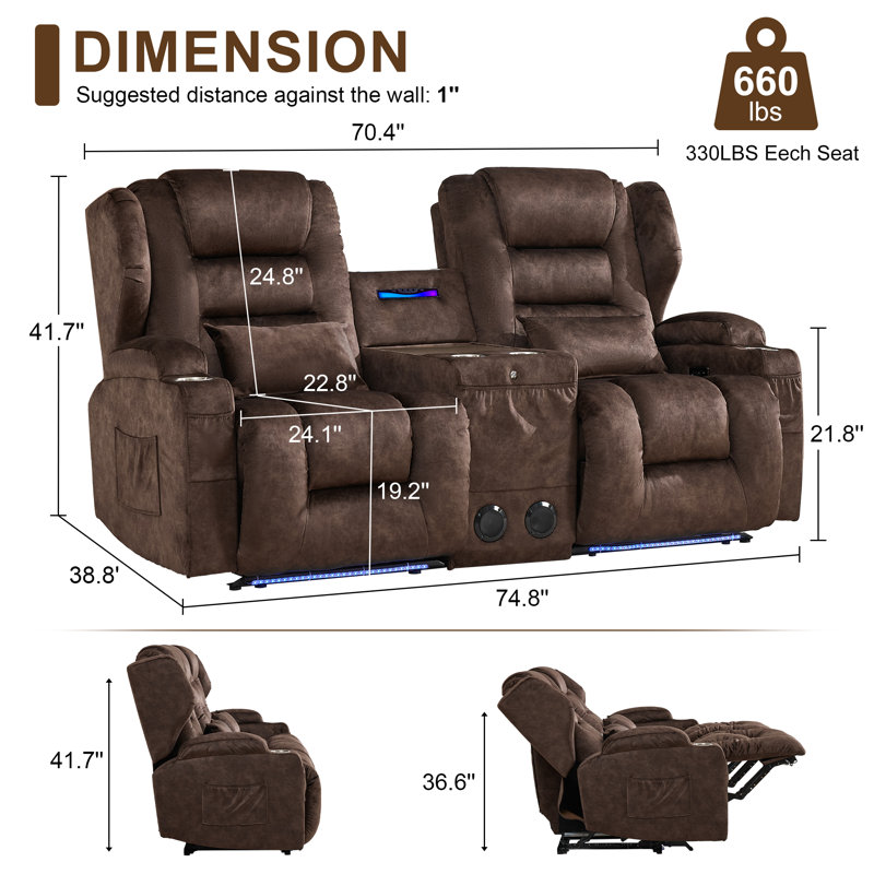 Canapé inclinable électrique Loveseat, canapé inclinable en velours avec console, siège de cinéma extra large, Velours brun