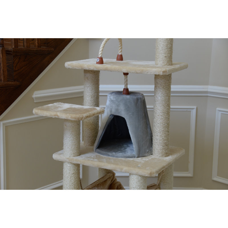 Beige Faux Fur 65'' Cat Tree with Hammock and Condo