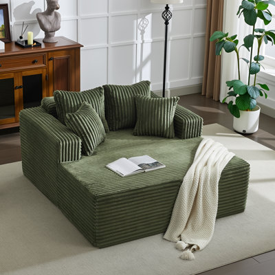 61" Deep Seat Cloud‑Style Chaise Lounge Sofa, Corduroy Upholstery with Washable Pillows, One‑Piece No‑Assembly Guest Bed for Small Spaces, Green
