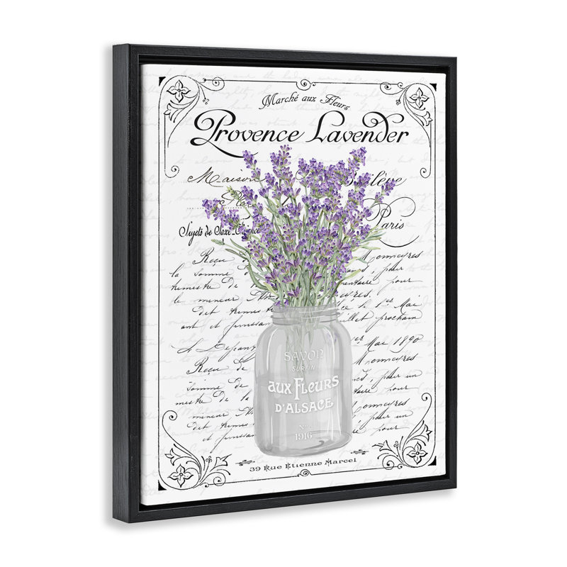 Lavender Sprigs Bouquet French Script Canvas Art in Black Frame
