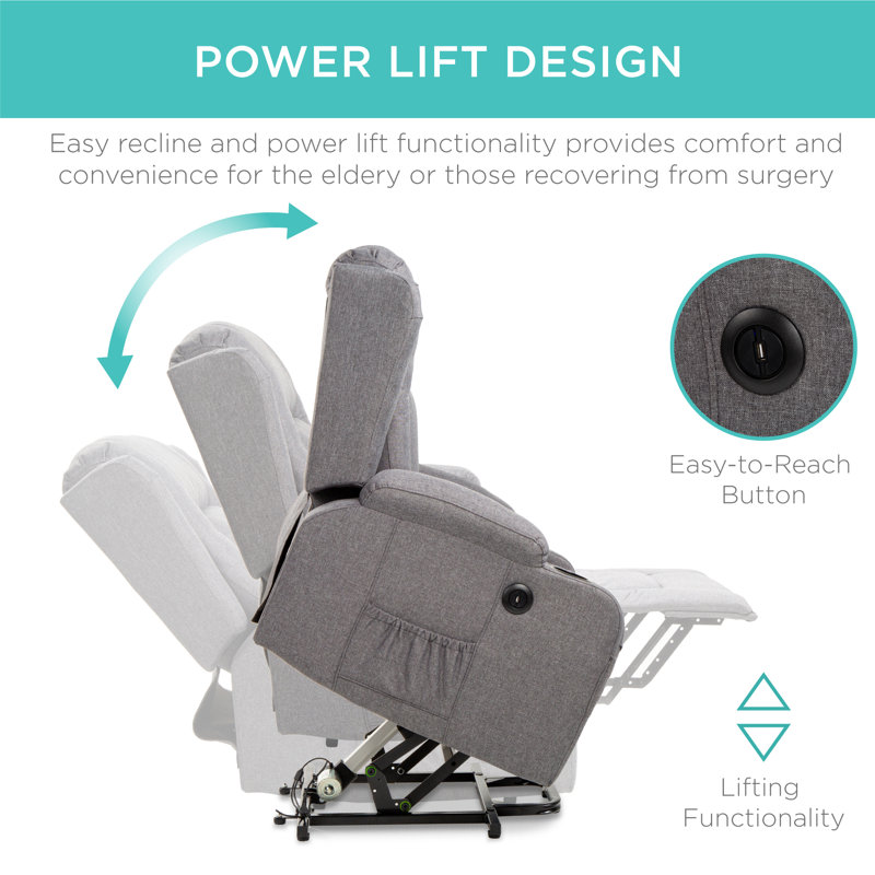 Gray Linen Electric Power Lift Recliner with Massage and Heat
