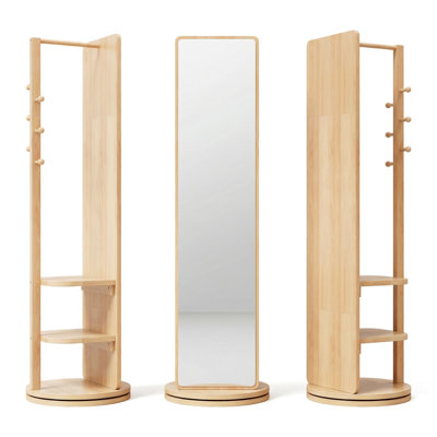 360° Rotating 69“ × 16” Multi-Function Full-Length Mirror With Hooks Ideal For Bedrooms/Living Rooms/Walk-In Closets Space-Saving Design (Natural Wood Finish)