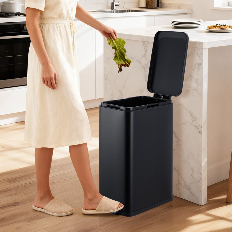 13 Gallon Slim Stainless Steel Step Trash Can with Hands-Free Foot Pedal, Odor-Containing Lid for Kitchen, Black