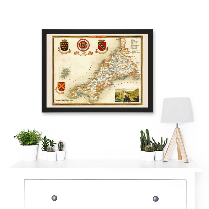 Map Antique Moule 1850 Cornwall County England UK 1 Piece Single Picture Frame Wall Art