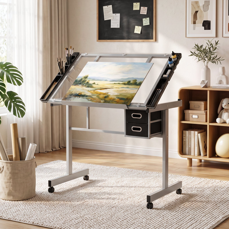 Adjustable Drafting Table, Art Craft Desk Drawing Table Work Station with Tempered Glass Top and 2 Fabric Drawers