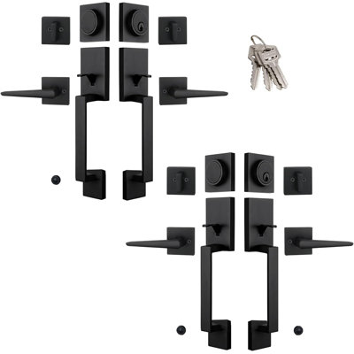 Ensembles de poignées de porte double Keyed Alike, 2 paquets de serrures de porte d'extérieur noir mat avec pêne dormant et levier, gaucher et droitier Halifax