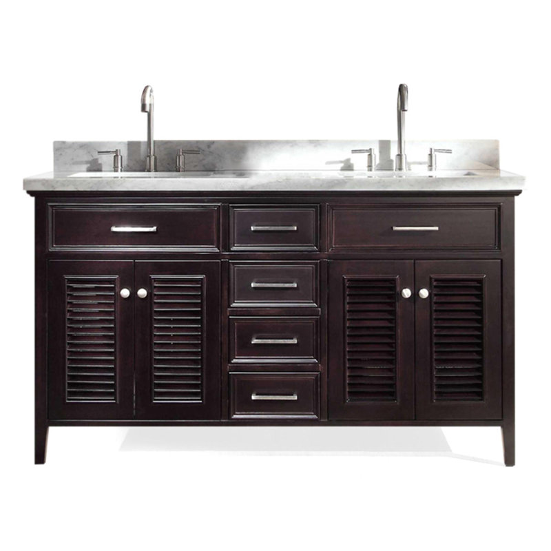 Ensemble de meuble-lavabo double 61 po Hamil, Espresso, Marbre blanc de Carrare, Forme rectangulaire