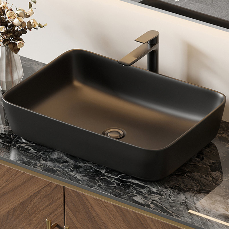 Meuble-lavabo mural moderne 48 po avec plateau en pierre frittée noir brillant, armoires flottantes en bois brun