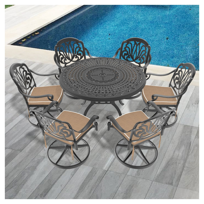 Ensemble de salle à manger 7 pièces en aluminium coulé toutes saisons avec 6 chaises pivotantes et une table, noir