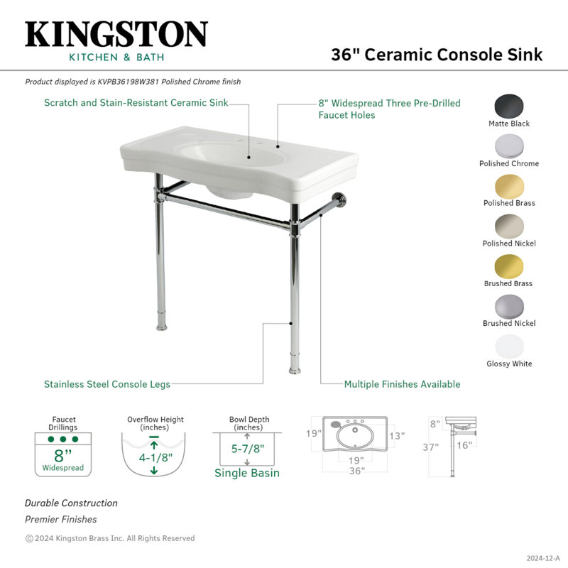 Kingston Brass Imperial 36-Inch Ceramic Console Sink with Stainless Steel Legs (8-Inch, 3-Hole), Black/Polished Chrome