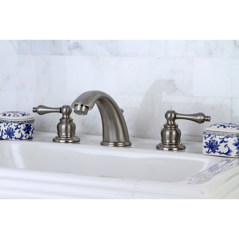 Kingston Brass Victorian Two-Handle 3-Hole Deck Mount Widespread Bathroom Faucet with Brass Pop-Up Drain, Brushed Nickel