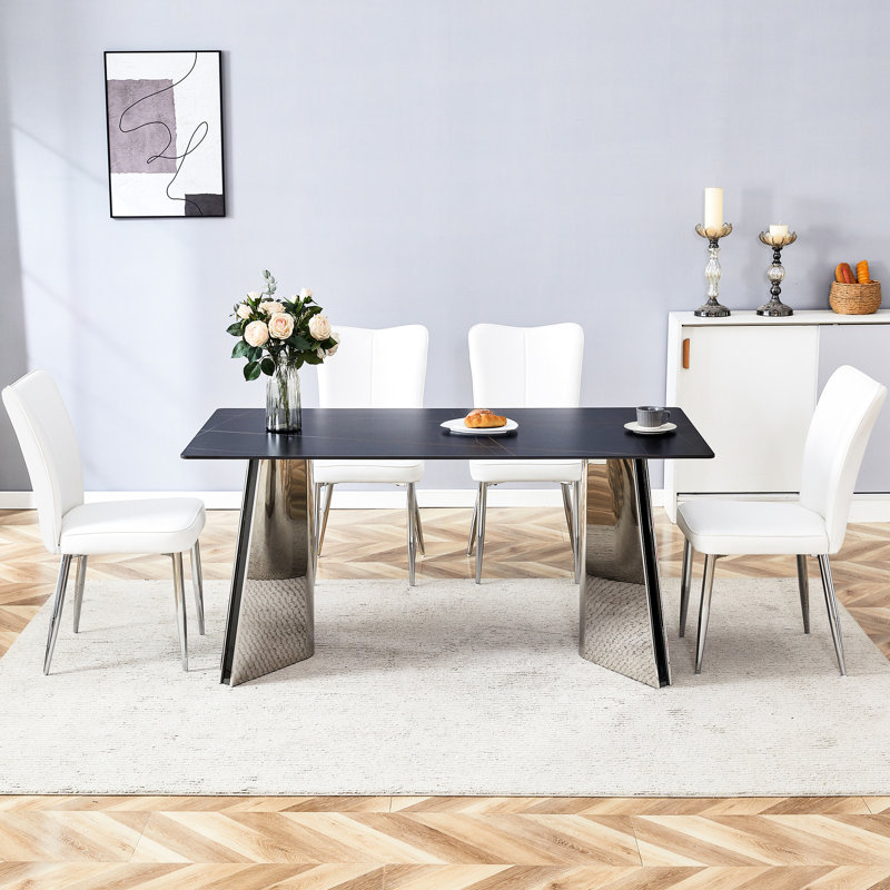 Table de salle à manger moderne noire et chaise avec dessus chauffant en marbre, 5, Blanc/Noir