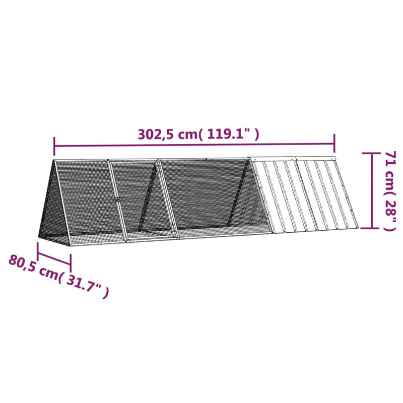  Rabbit Cage Galvanised Steel, 71cm H x 302.5cm W x 80.5cm D, Grey